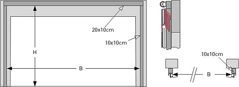 Zeichnung des Tectura Stabitor mit alternativen Abmessungen, wobei die Torbreite B um 29 cm größer ist. Ideal für spezielle Anforderungen und Durchfahrten