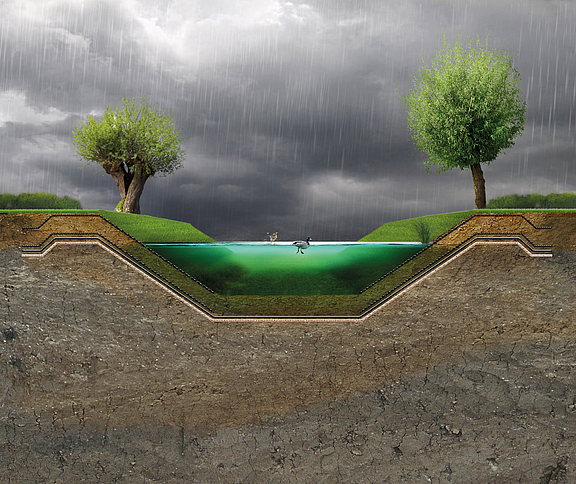 Hochwasserentlastungsgerinne mit eingebauten geosynthetischen Betonmatten Mit geosynthetischen Betonmatten abgedichtete Hochwasserentlastungsrinne zur Erosionssicherung und einfacheren Sanierung des Kanals